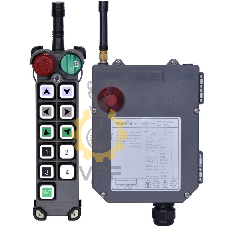 Remote control Telecontrol model EF24-10D تصویر ریموت کنترل تله کنترل مدل EF24-10D با بدنه فیبر شیشهای و دکمههای مقاوم، مناسب برای کنترل بیسیم جرثقیل و ماشینآلات سنگین.