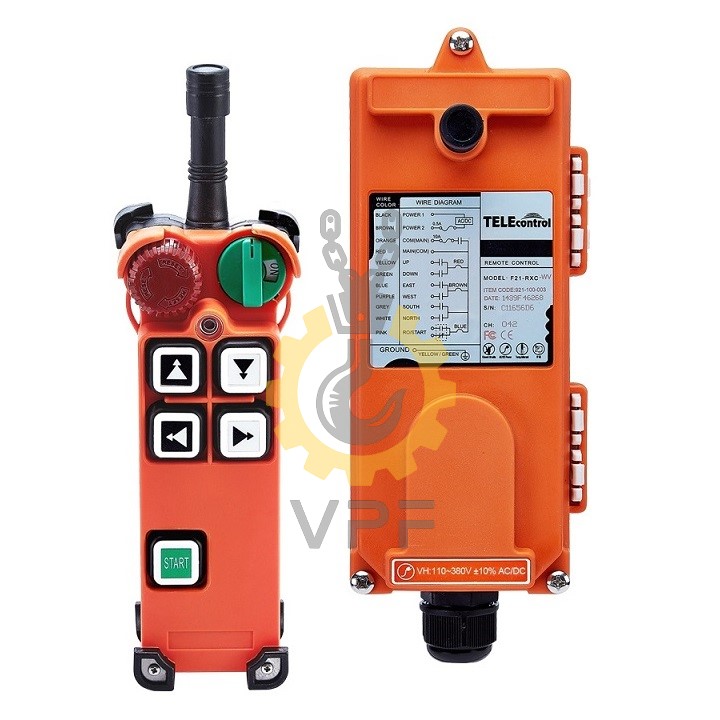 Remote control Telecontrol model F21-4D تصویر ریموت کنترل تله کنترل مدل F21-4D با 4 دکمه کنترل و بدنه مقاوم، مناسب برای کنترل بیسیم ماشینآلات صنعتی